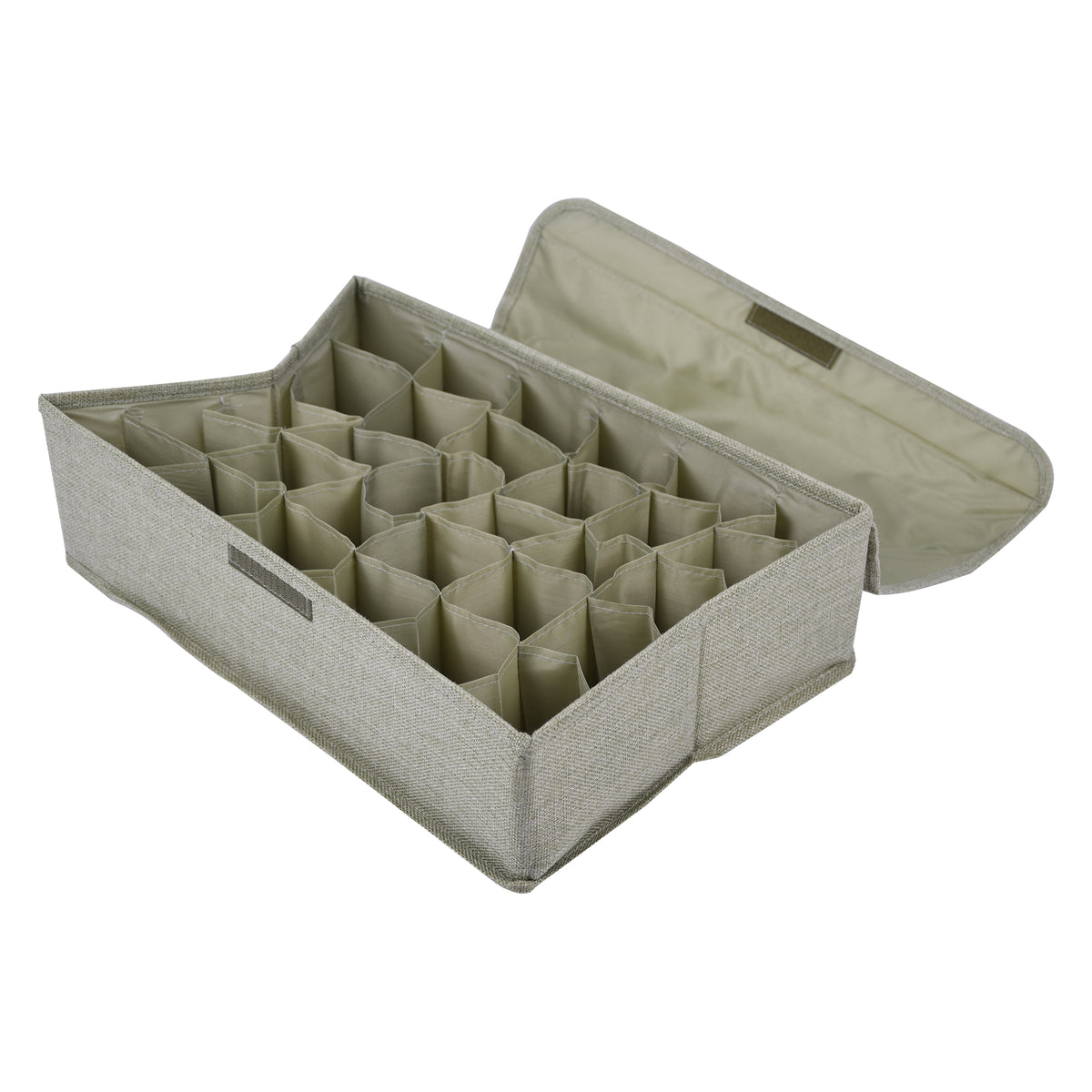 Collapsible fabric storage box for home use—dust-proof, multi-compartment organizer for underwear, socks, and lingerie.